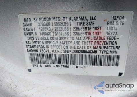 2005 Honda Odyssey Ex-L from USA, damaged, VIN 5FNRL38625B046348